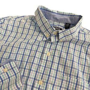 IZOD Mens Slim Fit Plaid Button Down Shirt Blue Teal White Cotton‎ Size M